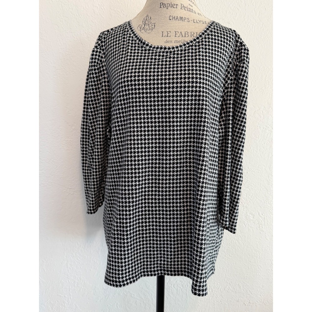 Talbots Plus Black White Houndstooth Knit Top 2X 3/4 Sleeve Cotton Blend